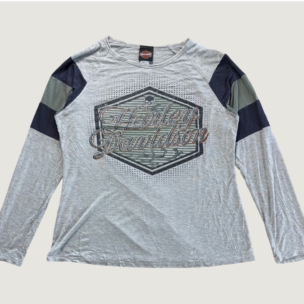 Harley Davidson Rhinestone Bling Top Womens 1XL Grey Y2K Raglan Tee